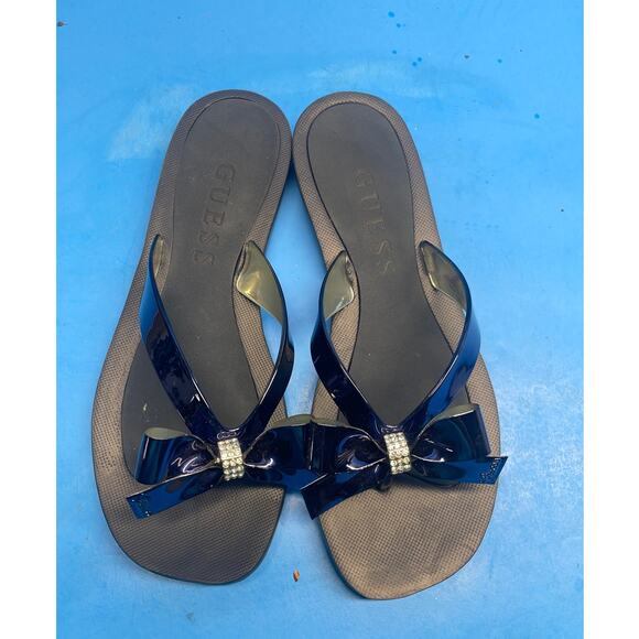 Guess TUTU Navy Blue Metallic Rhinestone Bow Flip Flop Sandals Women’s 38 7.5 - Picture 3 of 11